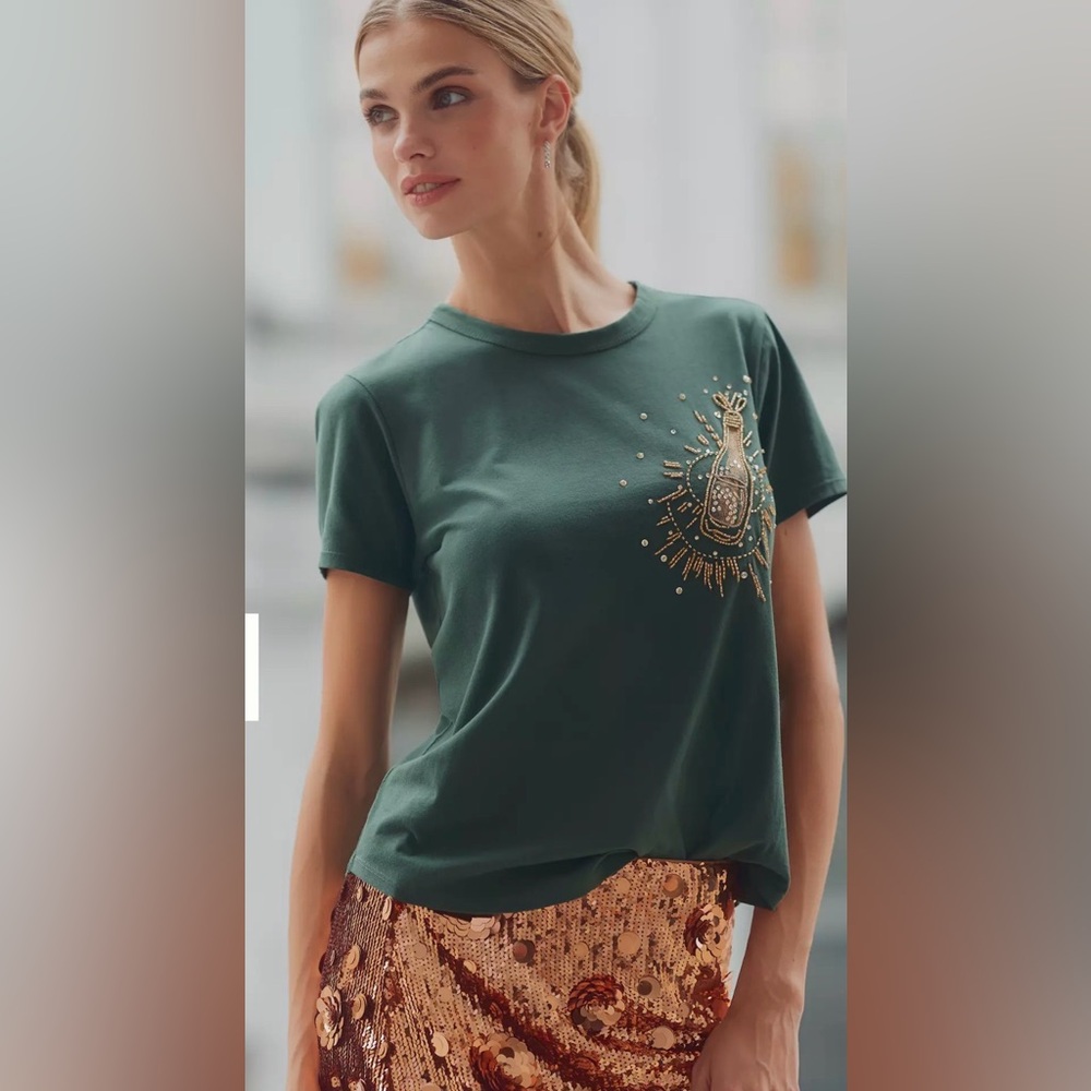 NWT Pilcro Forest Green Tee with Gold Embellishment size S